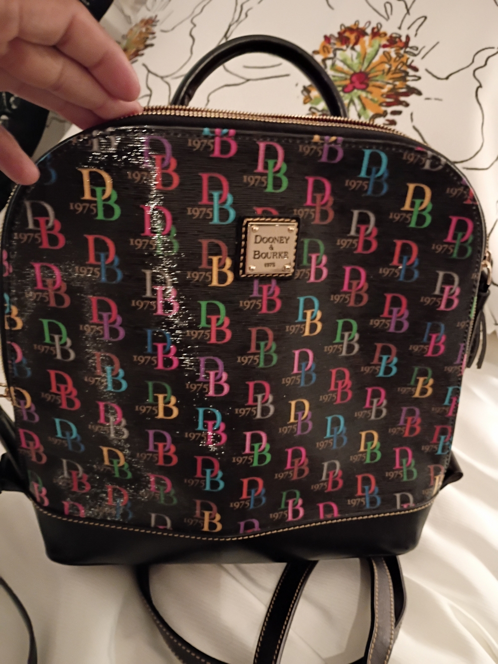 Dooney & Bourke Black Backpack with Multicolor DB Logo Print
